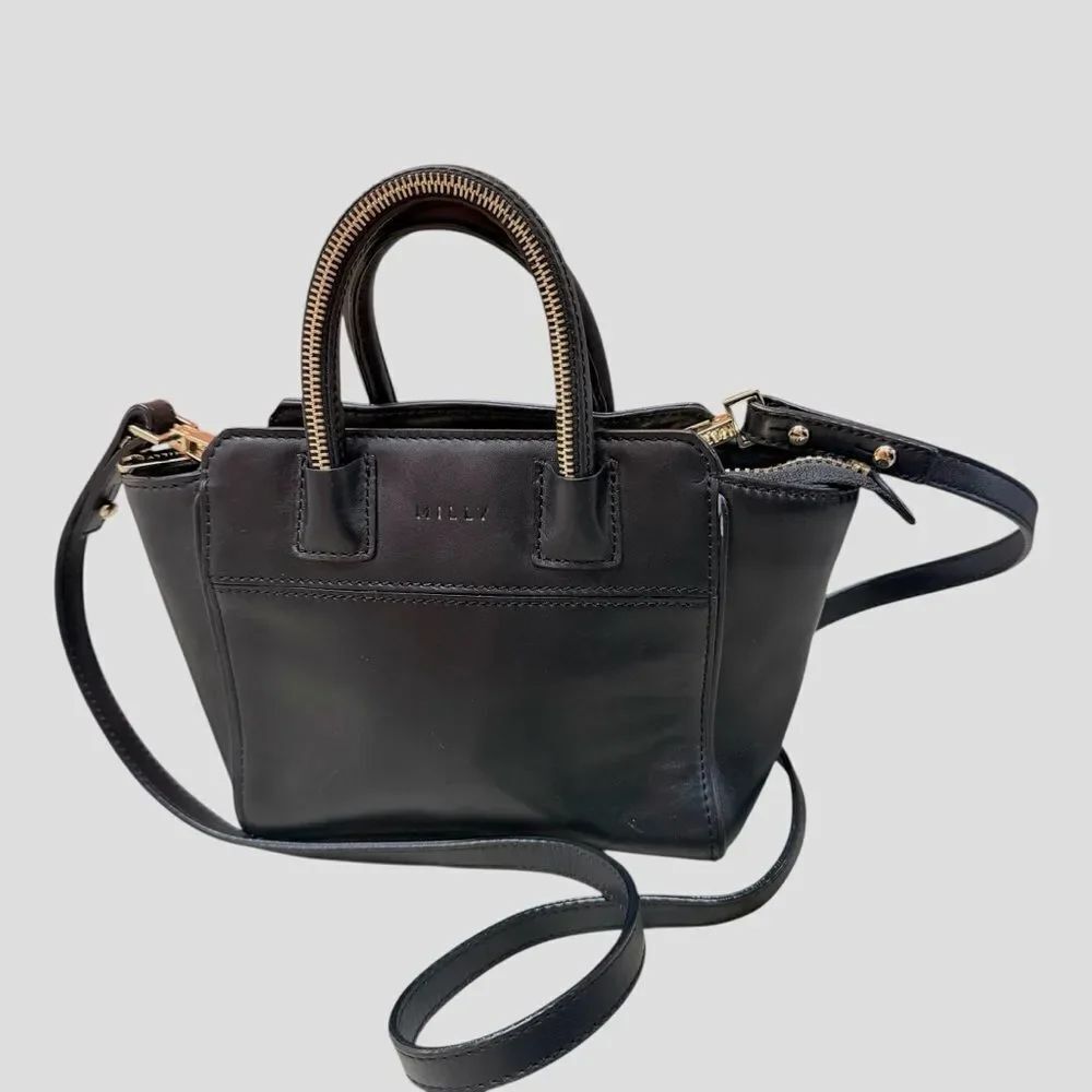 MILLY Black Leather Crossbody Bag With Gold Zipper